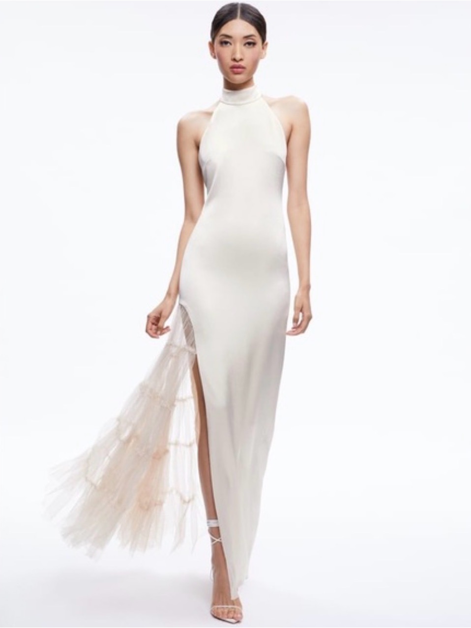 Alice + Olivia Ivory Halter Maxi Dress With Tulle Side Panel